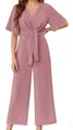Elegant mauve pink V-neck short sleeve jumpsuit featuring a stylish front waist tie design - S / Rouge Red