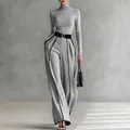 Elegant grey turtleneck and high-waist wide-leg pants two-piece set for autumn. - XS / Top And Bottom / Gray