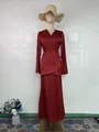 Elegant dark red satin wrap top and matching long skirt set displayed on a mannequin - S / Top And Bottom / Red