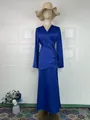 Full view of elegant royal blue satin wrap top and long skirt set on a mannequin - S / Top And Bottom / Blue