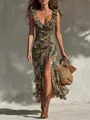 Elegant tropical floral print V-neck sleeveless slit maxi dress for women on vacation - S / Dresses / Multicolor Tropical Print
