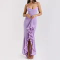 Elegant lavender spaghetti strap maxi dress with ruffled trim and ruched mermaid style hem. - M / Dresses / Purple