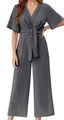 Elegant grey short sleeve jumpsuit featuring a V-neckline and front waist tie design - S / Gray