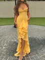 Elegant yellow sleeveless camisole maxi dress with tiered ruffle details and asymmetrical hem - M / Dresses / Yellow