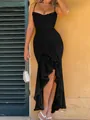 Elegant black ruched spaghetti strap maxi dress with ruffled high slit detail. - M / Dresses / Black