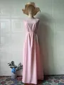 Full-length view of a sleeveless pink maxi dress with waist tie displayed on a mannequin - S / Dresses / Pink