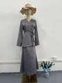 Elegant grey satin two-piece set featuring a long skirt and long sleeve wrap top for women - S / Top And Bottom / Gray