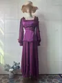 Elegant purple two-piece peplum top and long skirt set with floral sleeve details - S / Top And Bottom / Purple