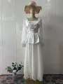 Full view of an elegant white two-piece dress with floral accents shown on a mannequin - S / Top And Bottom / White