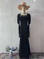 Elegant vintage square neck black velvet maxi dress featuring detailed lace cuffs - S / Dresses / Black