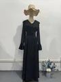 Elegant black floral chiffon long dress featuring V-neck and stylish ruffle bell sleeves - S / Dresses / Rainbow