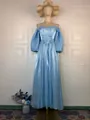 Elegant light blue off-the-shoulder princess gown with puff sleeves for formal events. - S / Dresses / Light Blue
