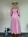 Elegant pink princess satin dress with puff sleeves and floor-length skirt detail view - S / Dresses / Light Pink