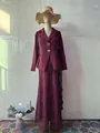 Elegant burgundy long sleeve blazer and matching lace maxi skirt set on a mannequin - S / Top And Bottom / Burgundy