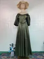 Elegant dark green off-shoulder satin gown with puff sleeves, royal princess style floor-length - Olive Green