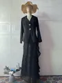 Elegant black two-piece set featuring long sleeve blazer and lace maxi skirt - S / Top And Bottom / Black
