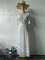 Elegant white polka dot maxi dress featuring retro lace V-neck and short sleeves. - S / Dresses / White
