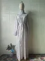 Full view of elegant floral print long sleeve maxi dress with matching hijab - S / Set / Light Gray
