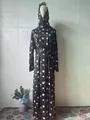 Full view of elegant black long sleeve maxi dress with pink floral prints and hijab - S / Set / Black