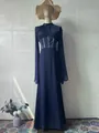 Elegant navy blue maxi dress with long sheer sleeves and decorative corset waist detail - S / Dresses / Dark Blue