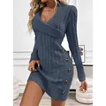 Close-up of cable knit blue mini dress featuring elegant side button details and V-neckline. - S / Dresses / Navy Blue
