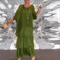 Elegant olive green tiered maxi dress for women, 2024 bohemian fashion boho style - S / Top And Bottom / Green