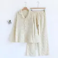 Detailed look at soft floral cotton gauze long-sleeved pajama set for comfortable home wear - S / Top And Bottom / Multi-color 2