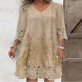 Elegant plus size bohemian V-neck dress featuring intricate lace patchwork and smocked fabric - S / Dresses / Camel