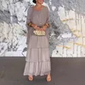 Elegant layered chiffon maxi dress set in soft mauve with subtle sheen details - S / Top And Bottom / Violet
