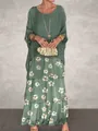 Sage green loose top and daisy floral print tiered maxi skirt bohemian two-piece set for women - S / Top And Bottom / Grass Green Print