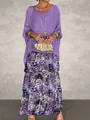 Full length view of a purple top and floral skirt set worn by a model on a grey background - S / Top And Bottom / Purple Print