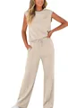 Vista completa del conjunto de salón beige sin mangas para mujer con pantalones anchos - Albaricoque