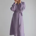 Detailed view of the purple crinkle muslin long-sleeved dress with waist tie. - S / Dresses / Light Purple