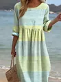 Casual plaid long dress with round neck and 3/4 sleeves in beach setting - S / Dresses / Yellow and Blue Grid Print (Y-12)
