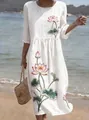 Detail of white long dress featuring lotus flower print and half sleeves for summer casual wear - S / Dresses / White Lotus Print (Y-13)