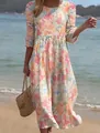 Detailed shot of bohemian style floral maxi dress with vibrant colors and round neck design - S / Dresses / 抽象花卉印花(Y-15)