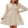 Elegante abito in cotone crema con scollo a V e raffinati dettagli in ricamo sangallo. - Albicocca