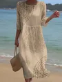 Bohemian beige maxi dress featuring 3D digital circular print and elegant round neck - S / Dresses / Beige Geometric Print (Y-1)