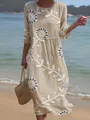 Detail view of casual linen-blend long dress featuring floral print and half sleeves. - S / Dresses / Linen Floral Print (Y-3)