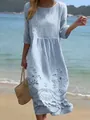 Detail of light blue midi dress with white floral embroidery and eyelet trim details - S / Dresses / Light Blue Floral Print (Y-4)