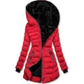 Veste matelassée rouge à capuche pour femme avec doublure en polaire noire et fermeture éclair - S / Hauts / Rouge