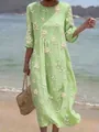 Close-up of a green floral print maxi dress featuring elegant white flower patterns - S / Dresses / Grass Green White Floral Print (Y-6)