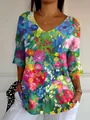 Dames top met V-hals, levendige kleurrijke bloemen 3D-print en casual halve mouwen stijl - S / Tops / Patroon 11 (Kleurrijke Print)