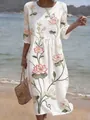 Elegant white 3D floral printed long dress with 3/4 sleeves and round neck for summer beach - S / Dresses / White Pink Lotus Print (Y-7)