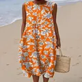 Detailed view of sleeveless orange floral print maxi dress for casual beach summer wear - 4XL / Dresses / Orange Plant Print