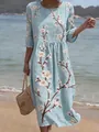 Elegant light blue round neck midi dress featuring intricate white floral embroidery details - S / Dresses / Light Blue White Floral Print (Y-10)