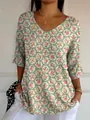 Comfortabel casual dames-T-shirt met V-hals, roze bloemenprint en halve mouwen. - XS / Tops / Patroon 14