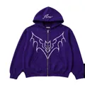 Close-up of purple zip-up hoodie featuring white bat graphic and flow hood print - S / Tops / Deep purple
