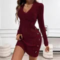Sexy burgundy cable knit bodycon sweater dress with V-neck and decorative side buttons - S / Dresses / Burgundy
