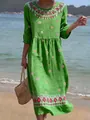 Bohemian green maxi dress featuring pink floral digital print and stylish half sleeves - S / Dresses / Grass Green Floral Print (Y-11)